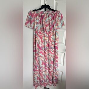 Entro Pink and Blue Tie-Dye Off shoulder Maxi Dress with side slit